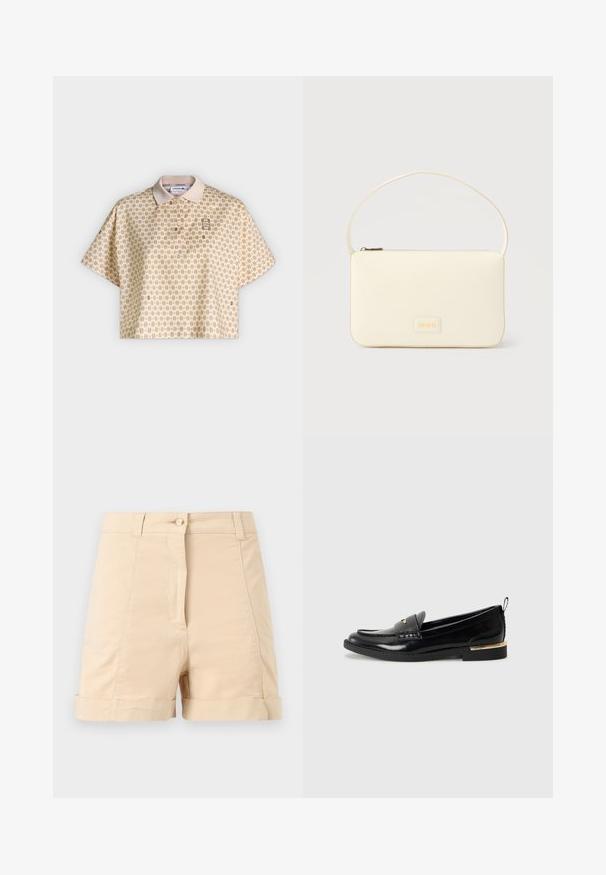 Polo court beige avec imprimé géométrique petit partout et manches courtes, doté d'un col classique et d'une patte de boutonnage.; Shorts beige taille haute avec fermeture à bouton, passants pour ceinture, coutures avant surpiquées et ourlets repliés sur un fond gris clair.; Mocassins en cuir verni noir avec un bout arrondi, une sangle décorative et un accent doré sur le talon. Texture lisse avec des détails cousus.; Sac à main rectangulaire de couleur crème avec une seule sangle et une fermeture éclair sur le dessus, comportant une petite plaque de logo embossé à l'avant.