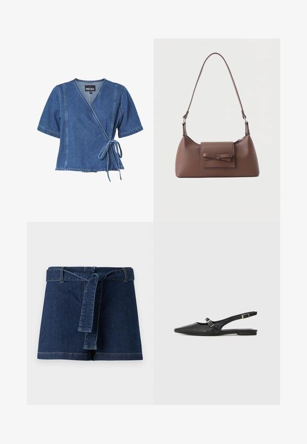 Dunkelblaues Denim-Wickeloberteil mit kurzen Ärmeln, einem V-Ausschnitt und einer Bindeschleife an der Taille. Verfügt über kontrastierende Nähte und einen lockeren Schnitt.; Dunkelblaue Jeans-Shorts mit einem breiten Bund und einem Stoffgürtel. Glatte Textur mit sichtbaren Nähten am Saum.; Schwarze Slingback-Schuhe aus Leder mit spitzer Zehenpartie, schmalem Riemen und silberner Schnallenverzierung an der Seite. Flache Sohle.; Braune Leder-Umhängetasche mit einer vorderen Klappentasche, die ein gestepptes Schleifendetail und einen verstellbaren Riemen aufweist.