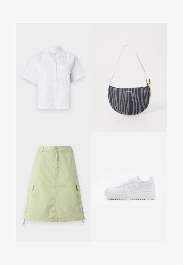 Korte mouwen witte shirt met een textuurpatroon, knoopsluiting en borstzak. Gemaakt van lichtgewicht stof met een relaxte pasvorm.; Lichtgroene katoenen knie-lange rok met twee zijcargo pockets, een knoopsluiting en een relaxte rechte pasvorm. Effen textuur.; Witte platform sneakers met een gladde leertextuur, geperforeerde details en platte veters; voorzien van een dikke witte rubberen zool.; Denim handtas met een gebogen vorm, voorzien van een marineblauw en lichtblauw zebra-streep patroon, witte band en het merklogo dat prominent weergegeven is.