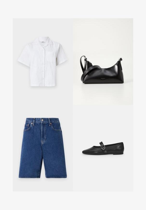 Kortærmet hvid skjorte med struktureret mønster, knaplukning foran og brystlomme. Fremstillet af let materiale med en afslappet pasform.; Mørkeblå denimshorts med en klassisk pasform, fem-lomme design og orange syninger. Afsluttet med en frontknap og lynlås.; Sorte læder flade sko med rund tå, et enkelt justerbart spænde og en glat, blank overflade. Minimalistisk design med en lav hæl.; Sort læderhåndtaske med en glat tekstur. Har en justerbar stropp og et enkelt, minimalistisk design med lynlås.