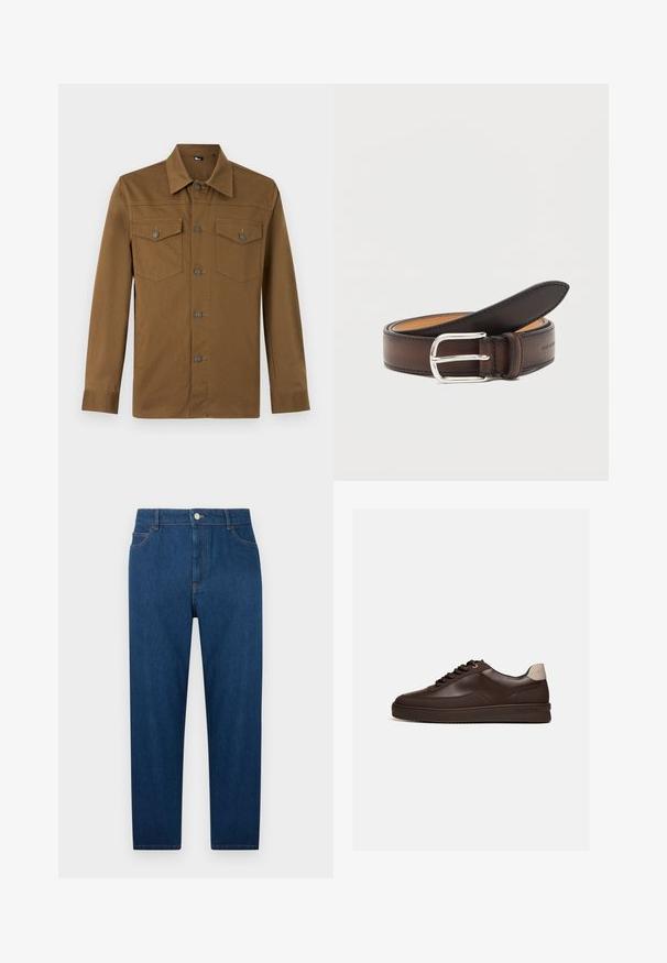 Chemise marron à manches longues avec col pointu et deux poches poitrine boutonnées, présentée sur fond clair uni.; Jean droit en denim bleu foncé avec bouton et fermeture éclair à l'avant, design à cinq poches et coutures visibles à la taille et sur les poches.; Baskets en cuir marron foncé à profil bas avec une semelle rainurée et une languette beige clair au talon, vues de côté sur fond blanc.; Ceinture en cuir marron foncé roulée avec une boucle rectangulaire argentée sur fond blanc.