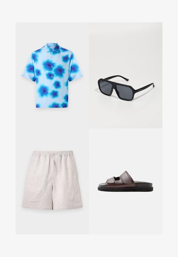 Kortærmet skjorte med en lyseblå bund, prydet med blå og mørkeblå abstrakte blomstermønstre og fem knapper foran.; Lyst beige linnedshorts med elastisk talje og snøre, knælange, lagt fladt på hvid baggrund.; Brun lædersandal med to justerbare velcroremme og en sort polstret sål på hvid baggrund.; Storebriller i sort med geometrisk design, mørketonede linser og ramme med mat finish. Har et diskret logo på siden.