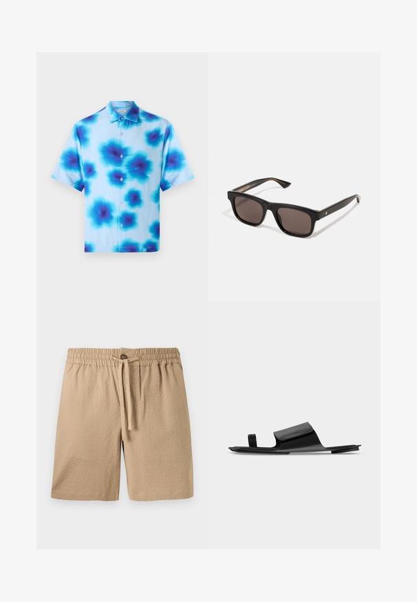 Kortærmet skjorte med en lyseblå bund, prydet med blå og mørkeblå abstrakte blomstermønstre og fem knapper foran.; Beige teksturerede stofshorts med elastisk talje, snørebånd og enkelt knaplukning foran i midten.; Sort åben-tå slid-sandal med bred rem og tå-loop, flad sål, stilrent minimalistisk design, vist på ensfarvet hvid baggrund.; Sorte rektangulære solbriller med mørke linser. Plastikramme med glat overflade og subtil brandingdetalje på den indvendige stang.