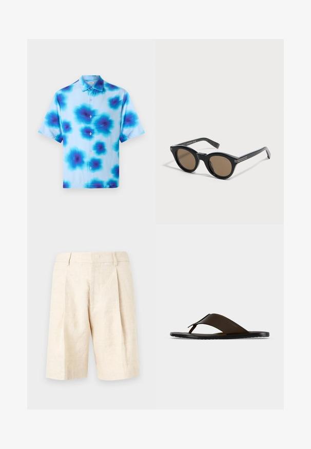 Kortærmet skjorte med en lyseblå bund, prydet med blå og mørkeblå abstrakte blomstermønstre og fem knapper foran.; Beige linnedshorts med høj talje, frontplisser, bæltestropper og lige, knælængde snit.; Mørkebrune læderflipflops med bred ankelrem og sort flad sål vist i sideprofil på grå baggrund.; Sorte runde solbriller med tykke stel og brune linser, placeret på en hvid overflade med en let vinkel mod højre.