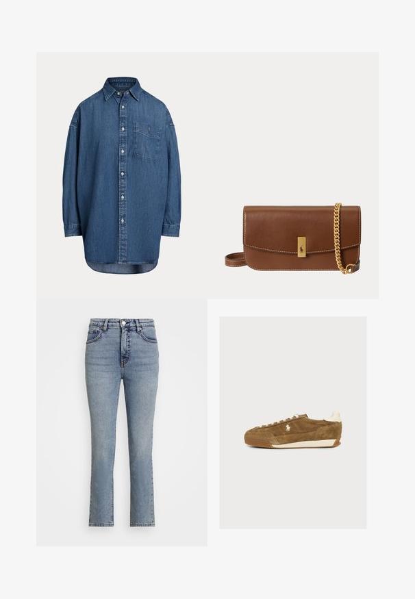 Dunkelblaue Denim-Knopfhemd. Mit einer Brusttasche, langen Ärmeln und einem lockeren Schnitt. Dezente Nähte entlang der Nähte.; Hellblaue Jeans aus Denim mit hoher Taille, geraden Beinen und subtilen Auswaschungen. Sie verfügen über einen Metallknopf und kontrastierenden Nähten.; Brauner Velourleder-Sneaker mit weißen Schnürsenkeln, weißem Logo an der Seite und weißem Fersenlasche, im Profil vor schlichtem Hintergrund gezeigt.; Braune Leder-Clutch mit goldener Kettenschlaufe und rechteckiger goldener Schnalle mit kleinem geprägtem Logo auf der Vorderklappe.