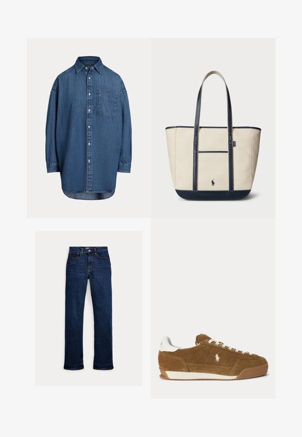 Mørkeblå denim skjorte med knapper. Har en brystlomme, lange ærmer og en afslappet pasform. Diskrete syningsdetaljer langs sømmene.; Mørkeblå straight-leg jeans med frontknap og lynlås, fem-lomme design og synlige syninger.; Brun ruskind lav-top sneaker med hvide snørebånd, hvid hælaccent, gummisål og broderet Polo-logo på siden.; Lærredstotebags i creme med marineblå accenter. Har to lange håndtag, en frontlomme og et lille logo. Syning detaljer hele vejen igennem.