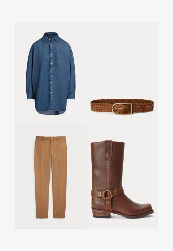 Mørkeblå denim skjorte med knapper. Har en brystlomme, lange ærmer og en afslappet pasform. Diskrete syningsdetaljer langs sømmene.; Brune bomuldsbukser med slim-fit design, flad front og standard lommer; glat tekstur og opkradset afslutninger.; Brun læder midt på læggen støvle med lavt træhæl, rund snude og dekorativ strop med metalnitter rundt om anklen.; Brun flettet læderbælte med en gylden rektangulær spænde og en læderløkke på hvid baggrund.