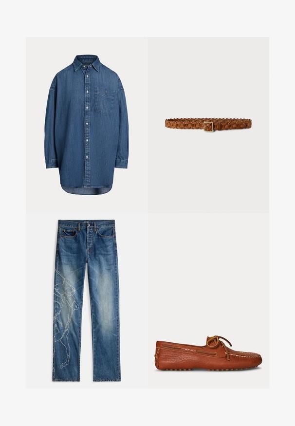 Mørkeblå denim skjorte med knapper. Har en brystlomme, lange ærmer og en afslappet pasform. Diskrete syningsdetaljer langs sømmene.; Blå denimjeans med en slidt vask, design med lige ben og hvidt broderet motiv af en rytter og hest på venstre ben.; Brun lædermokasin med syninger og bundet snøre på en ensfarvet lys baggrund, set fra siden.; Flettet brun læderbælte med et rektangulært guldspænde, med et vævet mønster og en glat tekstur langs hele længden.