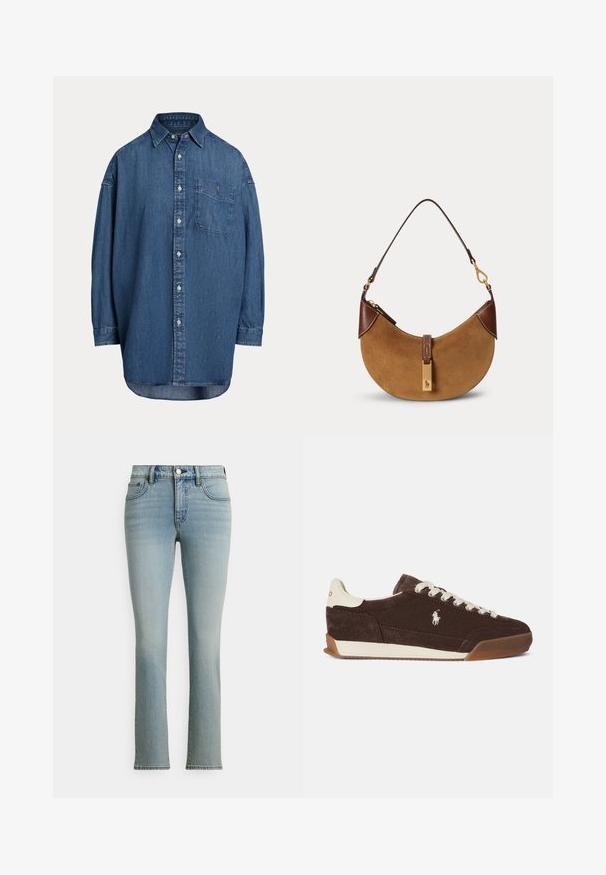 Denim košeľa s gombíkmi v tmavomodrej farbe. Má náprsné vrecko, dlhé rukávy a voľný strih. Diskrétne švy pozdĺž švov.; Svetlomodré rifle z denimu s priliehavým pásom, priamymi nohavicami, jemným vyblednutím, klasickým päťvreckovým dizajnom, kovovým zapínaním na gombík a kontrastným prešívaním.; Hnedá semišová teniska s bielymi šnúrkami, kontrastným bielym pätovým dielom, gumovou podrážkou a vyšívaným logom na boku. Klasický nízky strih.; Hnedá semišová kabelka v tvare polmesiaca s tmavohnedými koženými detailmi, zlatými kovaniami a krátkym ramenným popruhom.