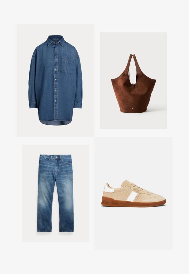 Mørkeblå denim skjorte med knapper. Har en brystlomme, lange ærmer og en afslappet pasform. Diskrete syningsdetaljer langs sømmene.; Blå vaskede denimjeans med lige ben, forlommer, bæltestropper og falmede detaljer på lår og knæ.; Beige ruskindssneakers med hvide striber, gummisål og brune detaljer. Har en tekstureret overflade og en logo på siden.; Stor brun ruskindstaske med to håndtag, en lille rem med knaplukning og en hvid broderet logo tæt på nederste midte.