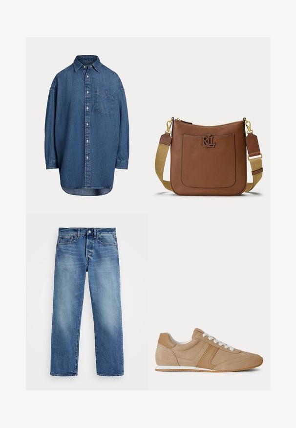 Mørkeblå denim skjorte med knapper. Har en brystlomme, lange ærmer og en afslappet pasform. Diskrete syningsdetaljer langs sømmene.; Lysblå denim bukser med lige snit, fem lommer, bæltestropper og kobberknaplukning. Afblegede områder giver struktur.; Lysebrun ruskind og læder lavtop-sneaker med hvide snørebånd og hvid gummisål vist fra siden på en hvid baggrund.; Brun skuldertaske i læder med frontlomme, guldfarvet RL-logo, aftagelig beige rem med læderdetaljer og guldfarvede spænder.