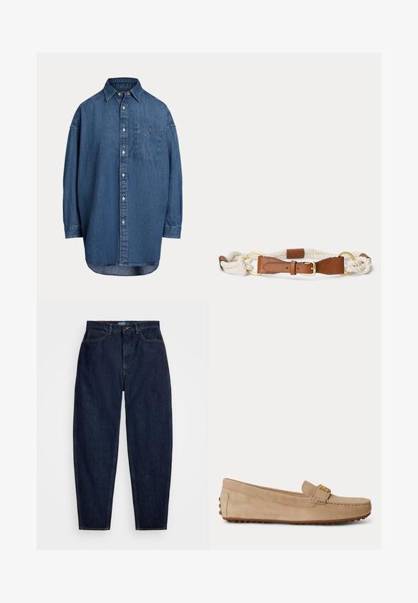 Denim košeľa s gombíkmi v tmavomodrej farbe. Má náprsné vrecko, dlhé rukávy a voľný strih. Diskrétne švy pozdĺž švov.; Tmavomodré džíny so strihom rovného nohu, s oranžovým štepovaním, predným zapínaním na gombík a piatimi vreckami.; Béžové semišové slip-on mokasíny s prešitými detailmi, zlatou kovovou prackou na vrchu a gumovou podrážkou so špuntami protišmykovými.; Pletený biely šnúrkový opasok s béžovou koženou prackou a zlatými kovovými krúžkami na jednolatom svetlom pozadí.