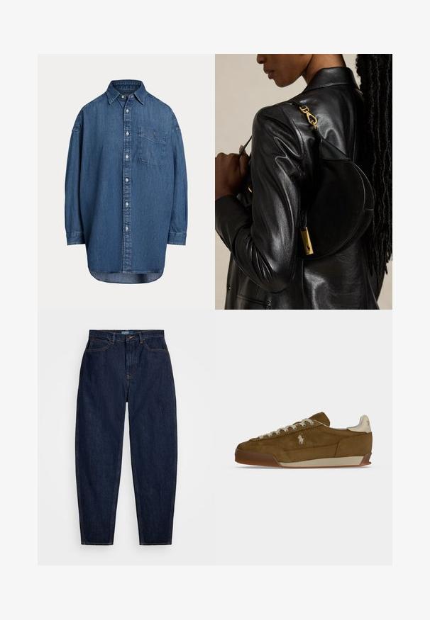 Mørkeblå denim skjorte med knapper. Har en brystlomme, lange ærmer og en afslappet pasform. Diskrete syningsdetaljer langs sømmene.; Mørkeblå denim jeans med lige pasform, der har orange syninger, en forreste knaplukning og fem lommer.; Brun ruskind sneaker med cremefarvede snørebånd, tyk sål og et lille hvidt broderet logo på siden.; Person iført sort læderjakke bærer sort halvmåneformet håndtaske med guldlås over skulderen mod ensfarvet baggrund.