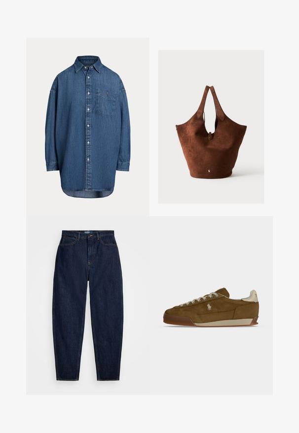 Dunkelblaue Denim-Knopfhemd. Mit einer Brusttasche, langen Ärmeln und einem lockeren Schnitt. Dezente Nähte entlang der Nähte.; Dunkelblaue Denim-Jeans mit geradem Bein, ausgestattet mit orangen Nähten, einem vorderen Knopfverschluss und fünf Taschen.; Brauner Wildleder-Sneaker mit cremefarbenen Schnürsenkeln, dicker Sohle und kleinem weißem gesticktem Logo an der Seite.; Große braune Wildleder-Tasche mit zwei Griffen, einem kleinen Riemen mit Knopfverschluss und einem weißen, gestickten Logo in der Nähe der unteren Mitte.