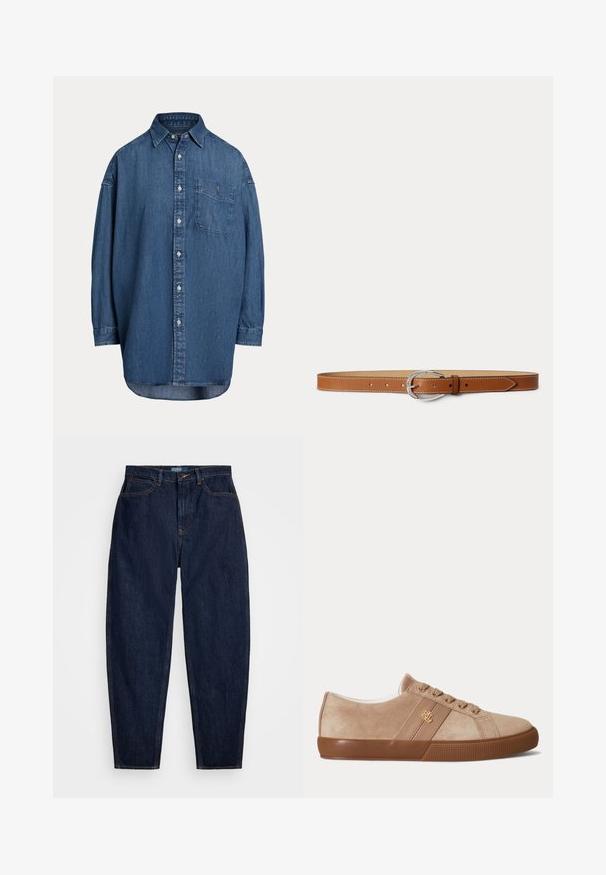 Denim košeľa s gombíkmi v tmavomodrej farbe. Má náprsné vrecko, dlhé rukávy a voľný strih. Diskrétne švy pozdĺž švov.; Tmavomodré džíny so strihom rovného nohu, s oranžovým štepovaním, predným zapínaním na gombík a piatimi vreckami.; Béžové semišové nízke tenisky s hnedou gumovou podrážkou, zladenými šnúrkami a malým zlatým logom "RLL" na boku.; Hnedý kožený opasok so striebornou oválnou prackou a bielym prešitím, položený na svetlosivom pozadí.