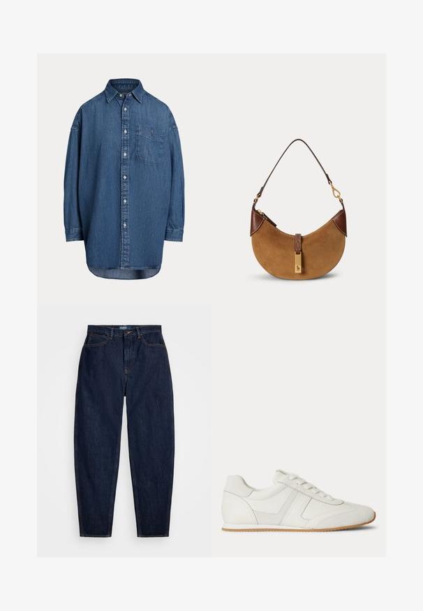 Dunkelblaue Denim-Knopfhemd. Mit einer Brusttasche, langen Ärmeln und einem lockeren Schnitt. Dezente Nähte entlang der Nähte.; Dunkelblaue Denim-Jeans mit geradem Bein, ausgestattet mit orangen Nähten, einem vorderen Knopfverschluss und fünf Taschen.; Weißer Sneaker mit niedrigem Schaft, Schnürung vorne, Velours- und Lederpaneelen sowie einer hellbraunen Gummisohle auf weißem Hintergrund.; Braune Wildleder-Halbmonden-Handtasche mit dunkelbraunen Lederakzenten, goldfarbenen Beschlägen und kurzem Schulterriemen.