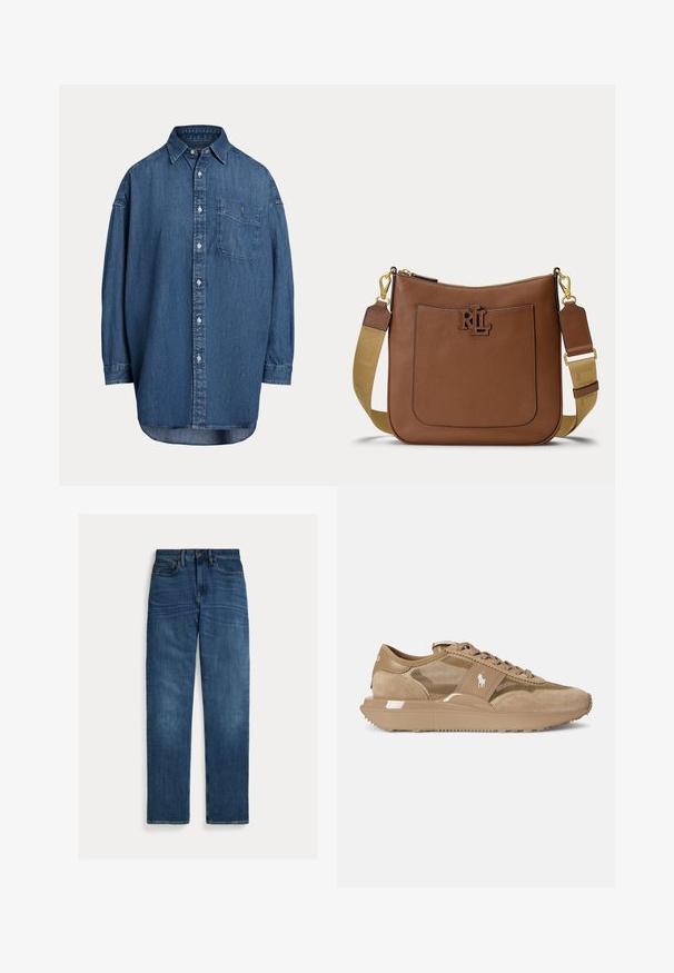Dunkelblaue Denim-Knopfhemd. Mit einer Brusttasche, langen Ärmeln und einem lockeren Schnitt. Dezente Nähte entlang der Nähte.; Straight-leg blaue Denim-Jeans mit fünf Taschen, Knopfverschluss und subtilen Verwaschungen an Oberschenkeln und Knien, flach auf weißem Hintergrund gelegt.; Beigefarbene Turnschuhe mit einer Kombination aus Wildleder und Mesh-Materialien, einer strukturierten Außensohle, Schnürsenkeln und einem kleinen Logodetail an der Seite.; Braune Leder-Schultertasche mit Fronttasche, goldfarbenem RL-Logo, abnehmbarem beigen Riemen mit Lederakzenten und goldfarbenen Verschlüssen.