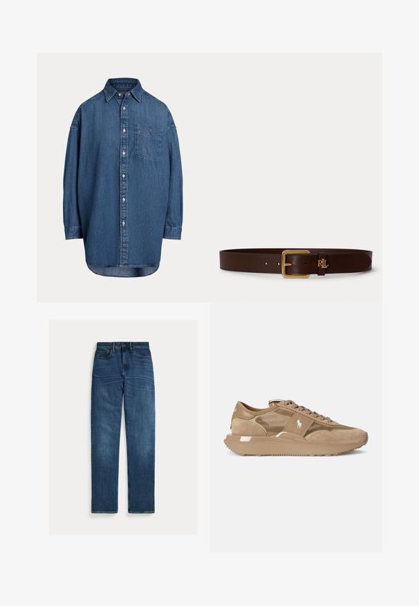 Mørkeblå denim skjorte med knapper. Har en brystlomme, lange ærmer og en afslappet pasform. Diskrete syningsdetaljer langs sømmene.; Straight-leg blå denim jeans med fem lommer, knaplukning og subtil falmning på lår og knæ, lagt fladt på hvid baggrund.; Lysebrune sneakers med en kombination af ruskind og mesh-materialer, med en tekstureret sål, snørebånd og et lille logo på siden.; Mørkebrun læderbælte med gyldent rektangulært spænde og lille gyldent "RL"-logo nær spændet på en ensartet lys baggrund.