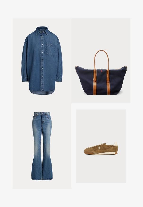 Denim košeľa s gombíkmi v tmavomodrej farbe. Má náprsné vrecko, dlhé rukávy a voľný strih. Diskrétne švy pozdĺž švov.; Modré rifle s vysokým pásom s rozšírenými nohavicami a miernym vyblednutím v prednej oblasti stehna, zobrazené na bielom pozadí.; Hnedý semišový teniska s bielymi šnúrkami, bielym logom na boku a bielou pätkou, zobrazený v profile na jednoduchom pozadí.; Námornícka plátnená taška s hnedými koženými popruhmi, so zipsom a malým červeným logom na prednej strane, ktorá má široký a priestranný dizajn.