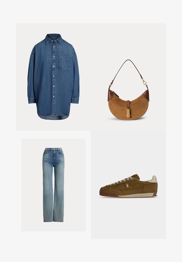 Mørkeblå denim skjorte med knapper. Har en brystlomme, lange ærmer og en afslappet pasform. Diskrete syningsdetaljer langs sømmene.; Højtaljede, lige ben blå jeans med forlommer, bæltestropper og knaplukning, der har subtile slidte detaljer.; Brun ruskind sneaker med cremefarvede snørebånd, tyk sål og et lille hvidt broderet logo på siden.; Brun ruskind halv-måne taske med mørkebrune læderdetaljer, guldfarvet hardware og kort skulderrem.