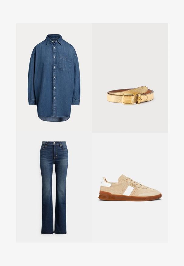 Dunkelblaue Denim-Knopfhemd. Mit einer Brusttasche, langen Ärmeln und einem lockeren Schnitt. Dezente Nähte entlang der Nähte.; Dunkelblaue Jeans mit hoher Taille und Bootcut-Schnitt, vorne mit Knöpfen und Taschen, leichte Verfärbungen an Oberschenkeln und Kniebereichen, auf weißem Hintergrund präsentiert.; Beige Wildledersneaker mit weißen Streifen, Gummisohle und braunen Akzenten. Der Schuh hat einen strukturierten Körper und ein Logo an der Seite.; Gürtel aus gold strukturiertem Leder mit goldener Schnalle und kleinem RL-Logo an der Gürtelschlaufe, zusammengerollt auf einfachem weißem Hintergrund.