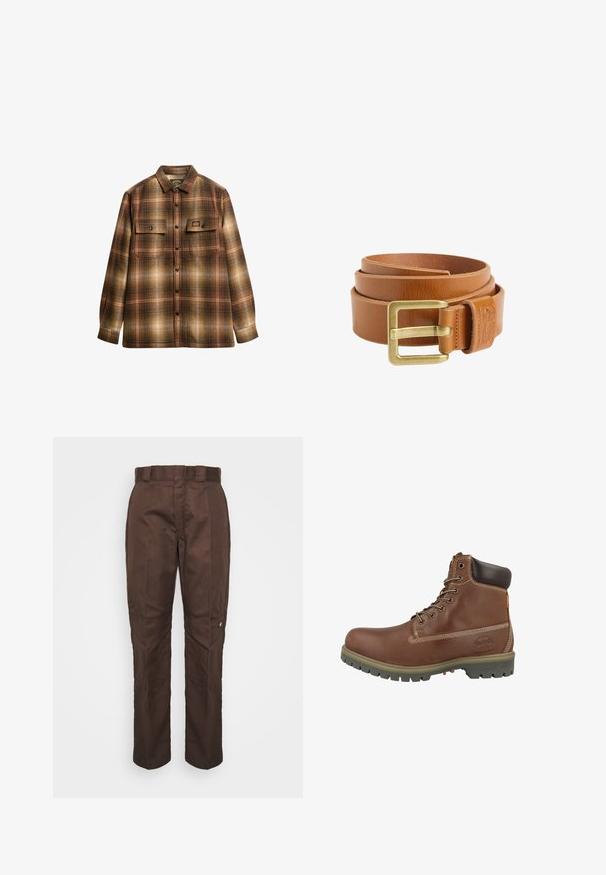 Brun og beige ternet langærmet skjorte med knapper, to frontlommer med klap og krave.; Brune, lige bukser med en glat tekstur. Har beltestropper, sidesømme og et lille mærke-logo på venstre ben.; Brun læderankelstøvle med rundet snude, polstret krave, hvide syninger og gummisål med mønster for godt greb.; Rullet lysebrunt læderbælte med rektangulært messing spænde og syet læderløkke på hvid baggrund.