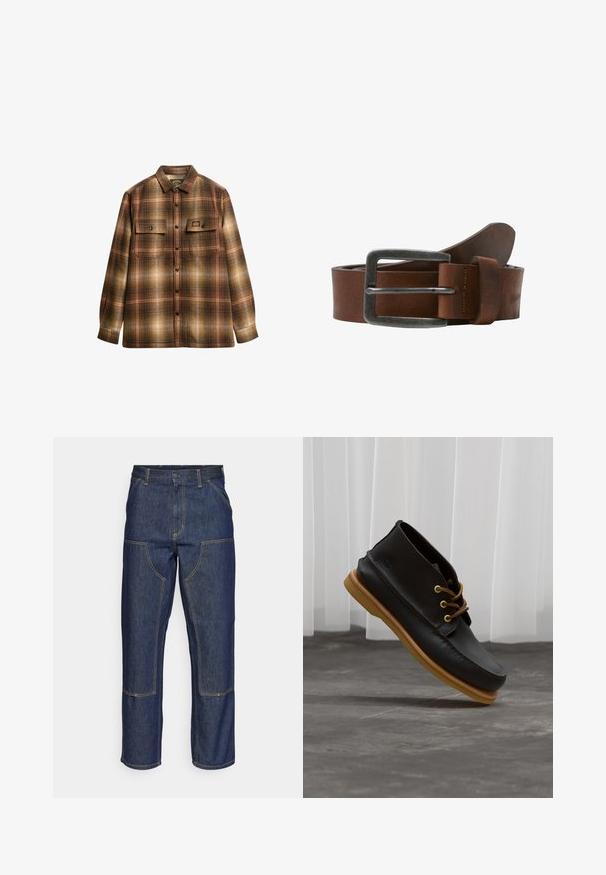Brun og beige ternet langærmet skjorte med knapper, to frontlommer med klap og krave.; Mørkeblå denim jeans med høj talje, lige ben-design, kontrastsyninger og lappelommer foran.; Sorte lædersko med en glat overflade, rund tå, brune snørebånd og lysebrune gummisåler. Logo præget på siden.; Brun læderbælte med en børstet metalspænde, har en glat tekstur og et klassisk design. Remmen bliver smallere mod enden.