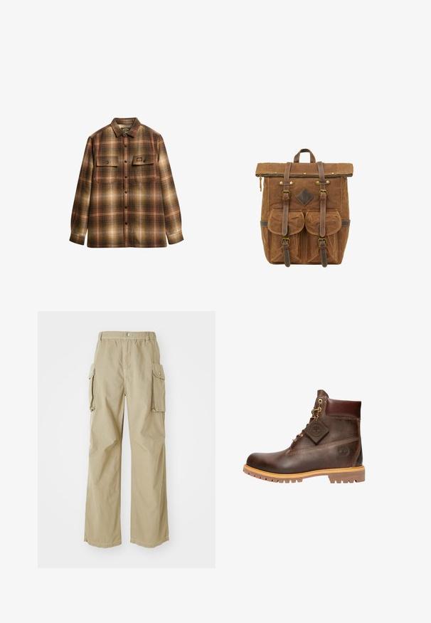 Brun og beige ternet langærmet skjorte med knapper, to frontlommer med klap og krave.; Beige cargo bukser med en afslappet pasform, elastisk talje og store sidelommer. Fremstillet af letvægtsstof med en subtil tekstur.; Brun læder ankelstøvle med rund tå, solid sål, hardware i guldtone og en tekstureret overdel. Inkluderer et logo-tagfæstet.; Brun voksdug rygsæk med læderaccenter, topklap, frontlommer og justerbare stropper. Har en metallynlås og syningsdetaljer.