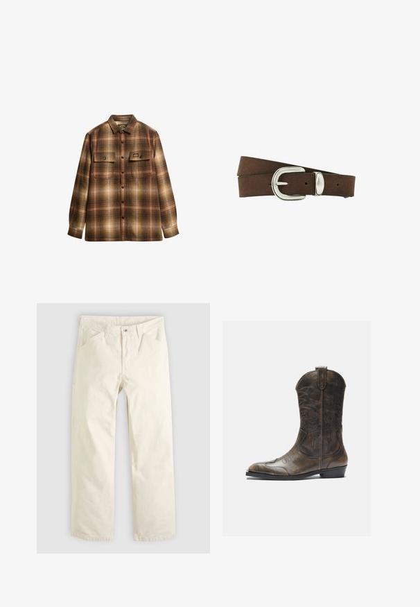 Brun og beige ternet langærmet skjorte med knapper, to frontlommer med klap og krave.; Lysebeige bomuldsbukser med en afslappet pasform, lige ben og forlommer. Har en knaplukning og et enkelt, rent design.; Brune læder cowboystøvle med en høj skaft, spids tå, intrikate syning mønstre og en lille hæl. Struktureret finish hele vejen igennem.; Reiss JONNY WESTERN - Bælter - chocolate brown