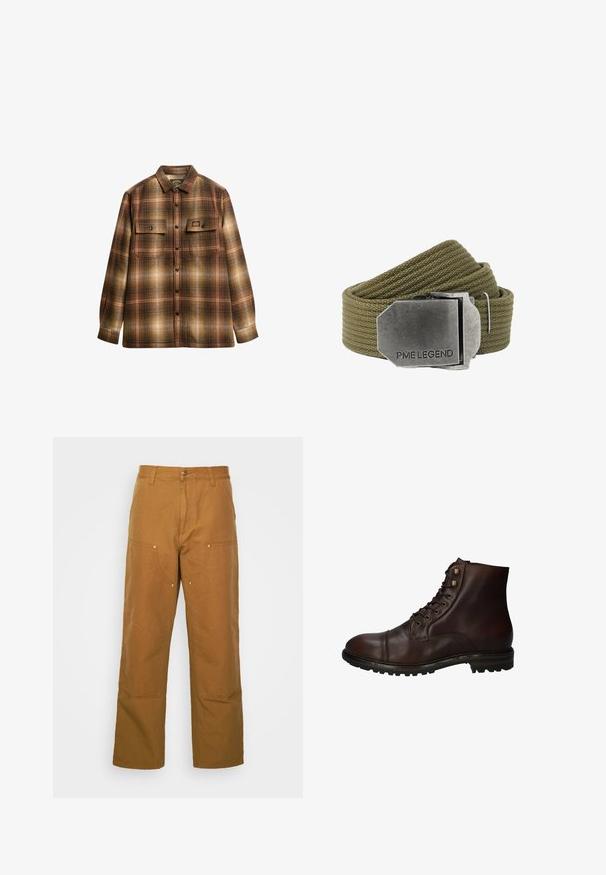 Brun og beige ternet langærmet skjorte med knapper, to frontlommer med klap og krave.; Brune bomuldsarbejdsbukser med lige ben-design, der har frontlommer og metalhardware detaljer for ekstra holdbarhed.; Mørkebrun læder snørebånd ankelstøvle med robuste gummisål og metaløjer, set fra den ydre side.; Olivengrønt vævet stofbælte med en stor rektangulær børstet metal spænde indgraveret med "PME LEGEND."