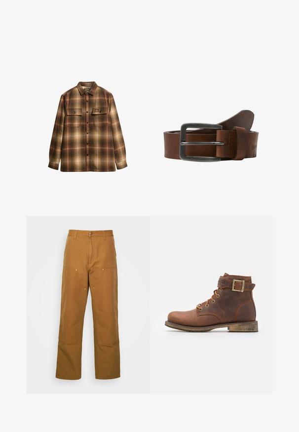 Brun og beige ternet langærmet skjorte med knapper, to frontlommer med klap og krave.; Brune bomuldsarbejdsbukser med lige ben-design, der har frontlommer og metalhardware detaljer for ekstra holdbarhed.; Harley Davidson VNTGMOTO SHORT RIDING APPROVED - Cowboy- / bikerstøvlette - brown; Brun læderbælte med en børstet metalspænde, har en glat tekstur og et klassisk design. Remmen bliver smallere mod enden.