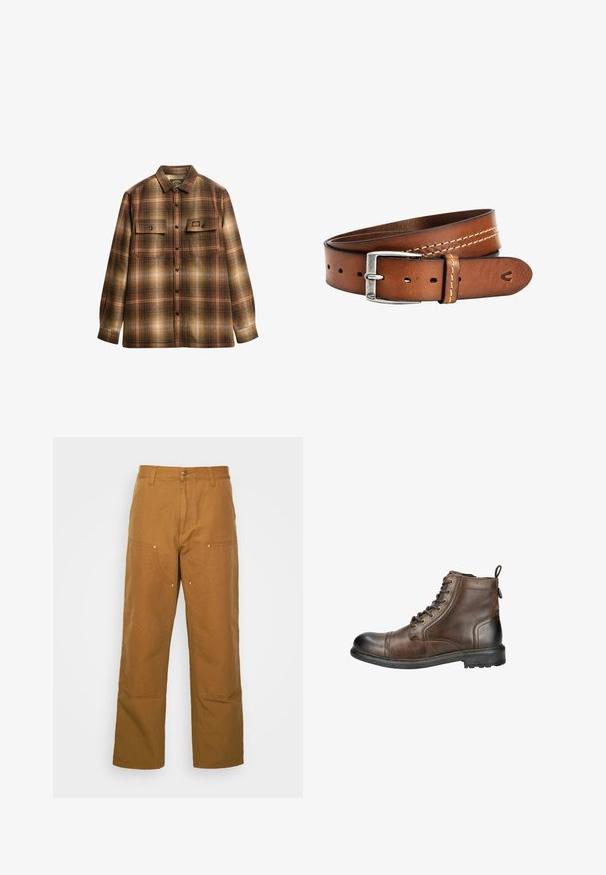 Brun og beige ternet langærmet skjorte med knapper, to frontlommer med klap og krave.; Brune bomuldsarbejdsbukser med lige ben-design, der har frontlommer og metalhardware detaljer for ekstra holdbarhed.; Brune læder ankelstøvle med rund tå, snørebånd fortil og et hævet træk ved hælen. Har en robust sål med mønster for godt fodfæste.; camel active Bælter - cognac