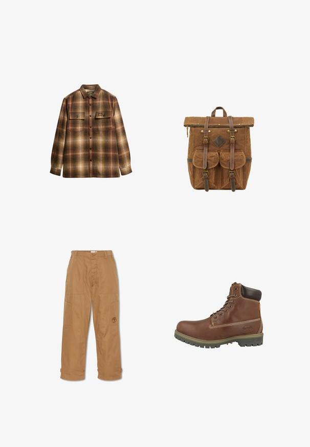 Brun og beige ternet langærmet skjorte med knapper, to frontlommer med klap og krave.; Khaki arbejdsbukser, lavet af slidstærkt stof, har flere lommer, knaplukning og broderet logo på låret.; Brun læderankelstøvle med rundet snude, polstret krave, hvide syninger og gummisål med mønster for godt greb.; Brun voksdug rygsæk med læderaccenter, topklap, frontlommer og justerbare stropper. Har en metallynlås og syningsdetaljer.