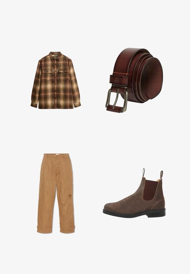Brun og beige ternet langærmet skjorte med knapper, to frontlommer med klap og krave.; Khaki arbejdsbukser, lavet af slidstærkt stof, har flere lommer, knaplukning og broderet logo på låret.; Brune læder ankelstøvle med elastiske sidelapper, rund tå og sort gummisål. Subtile tekstur- og syningsdetaljer.; Rullet mørkebrun læderbælte med metal spænde med nål, indgraveret med "SUPERDRY" og synlige syninger nær spændet.