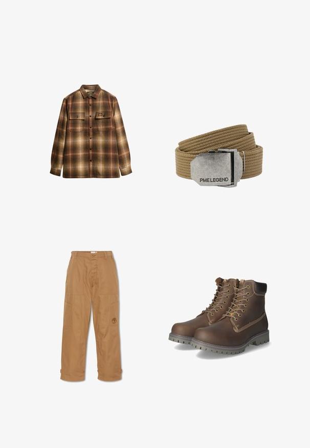 Brun og beige ternet langærmet skjorte med knapper, to frontlommer med klap og krave.; Khaki arbejdsbukser, lavet af slidstærkt stof, har flere lommer, knaplukning og broderet logo på låret.; Brune læder ankelstøvler med snørebånd, polstret krave, kontrasterende syninger og slidstærk gummisål med skridsikre mønstre.; Tanfarvet vævet stofbælte rullet sammen med en rektangulær sølvmetal spænde indgraveret med "PME LEGEND."