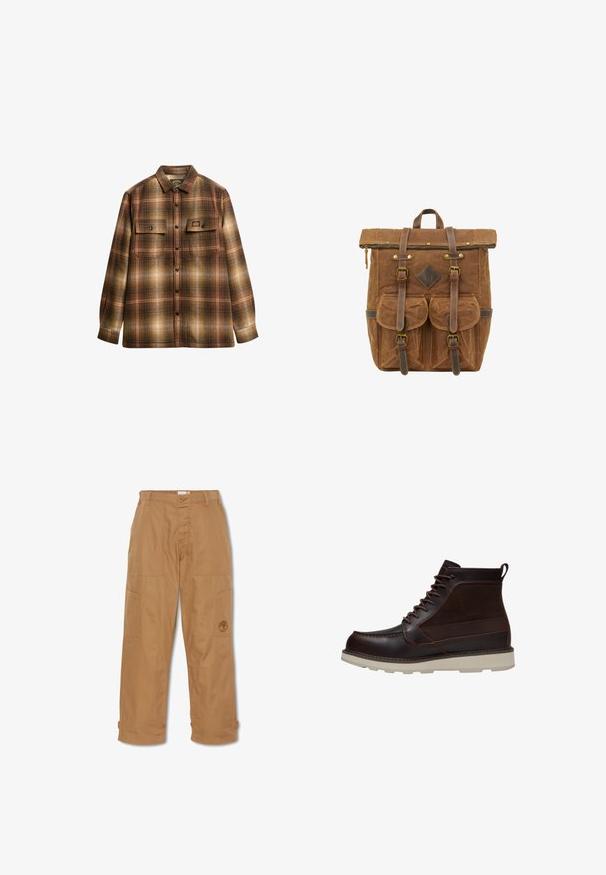 Brun og beige ternet langærmet skjorte med knapper, to frontlommer med klap og krave.; Khaki arbejdsbukser, lavet af slidstærkt stof, har flere lommer, knaplukning og broderet logo på låret.; Mørkebrun læderankelstøvle med snørelukning foran, lys beige tyk sål og træk-flig bagpå, vist på en hvid baggrund.; Brun voksdug rygsæk med læderaccenter, topklap, frontlommer og justerbare stropper. Har en metallynlås og syningsdetaljer.