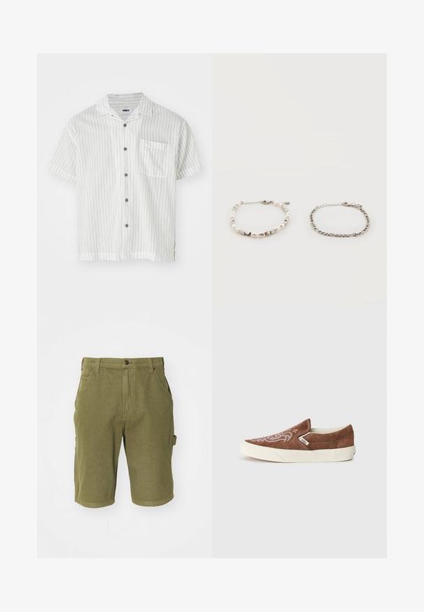 Camisa de botones de manga corta en blanco con finas rayas verticales negras, bolsillo en el pecho y botones grises; tela ligera con textura suave.; Bermudas de algodón verde oliva con cierre de botón, trabillas para cinturón, bolsillos laterales y un acabado de tela ligeramente texturizado.; Vans CLASSIC SLIP ON UNISEX - Zapatillas - potting soil/marshmallow; Dos pulseras sobre fondo blanco: una cadena de perlas y cuentas de plata, la otra una cadena delgada de plata con cierre.