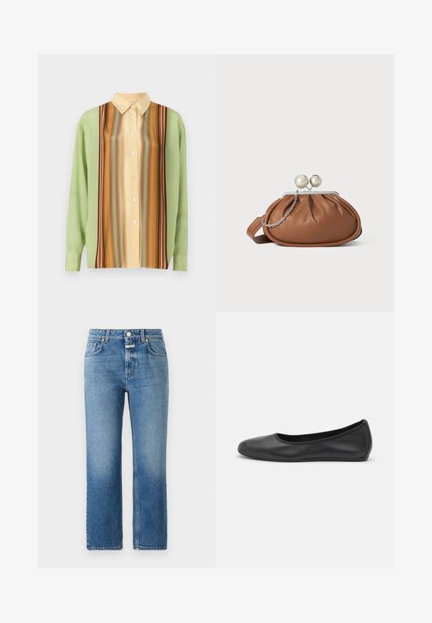 Langærmet skjorte i lysegrøn og cremegul med vertikale stribemønstre i brun, orange og rød; fem knapper ned langs fronten.; CLOSED MILO - Jeans Straight Leg - mid blue; Sort læderballetsko med rund tå, glat tekstur, minimal syning og et fleksibelt såldesign.; Brun læder clutch-pung med sølv kugleklap og en lille sølv kædedetalje på en hvid baggrund.