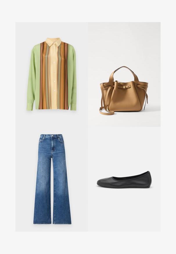 Langærmet skjorte i lysegrøn og cremegul med vertikale stribemønstre i brun, orange og rød; fem knapper ned langs fronten.; Løse blå denim jeans med høj talje, med knaplukning, forlommer og subtilt slid for tekstur.; Sort læderballetsko med rund tå, glat tekstur, minimal syning og et fleksibelt såldesign.; Tory Burch ROMY PEBBLED SATCHEL - Håndtasker - tiramisu