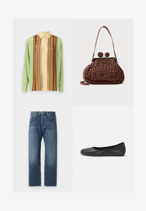 Langærmet skjorte i lysegrøn og cremegul med vertikale stribemønstre i brun, orange og rød; fem knapper ned langs fronten.; Blå lige ben denimjeans med klassisk fem-lomme design og knaplukning, vist mod en hvid baggrund.; Sort læderballetsko med rund tå, glat tekstur, minimal syning og et fleksibelt såldesign.; Brun flettet læderhåndtaske med en enkelt strop og to store runde trælukninger på toppen.