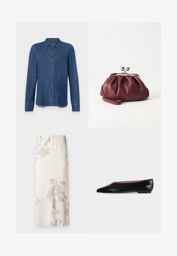 Camisa de denim azul oscuro con mangas largas, frente abotonado, cuello clásico y costuras visibles. Presenta un dobladillo recto con ligera curva en los lados.; Falda blanca con un patrón de franjas estrechas y diseños florales en gris claro. Cintura elástica para un ajuste cómodo.; Zapato plano negro de cuero para mujer con punta puntiaguda y tacón bajo, mostrado de lado sobre un fondo liso gris claro.; Pequeño bolso de mano de cuero burdeos con cierre metálico plateado y correa de muñeca sobre un fondo blanco.