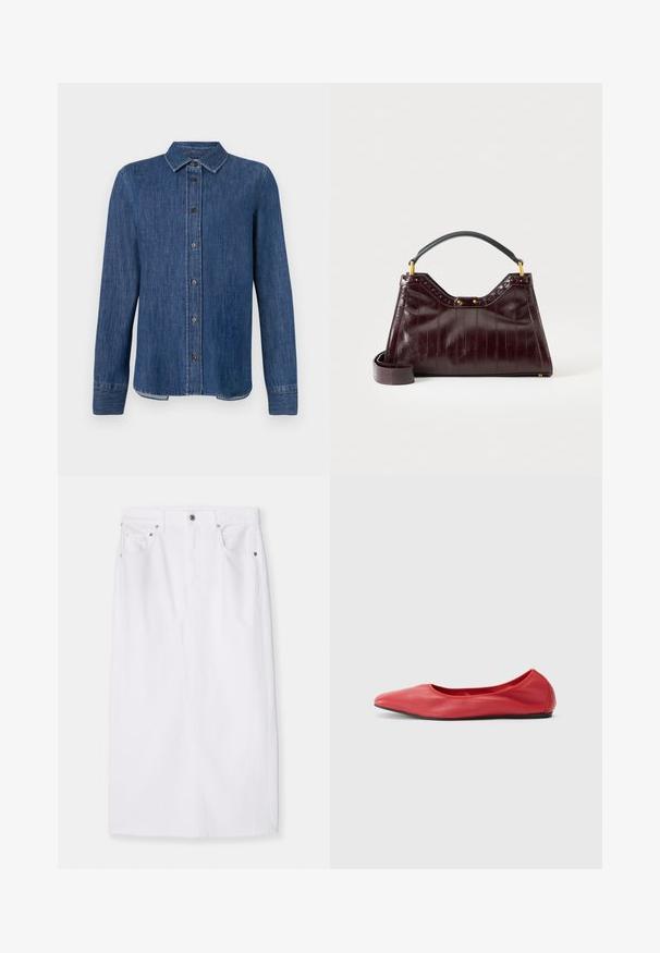Chemise en denim bleu foncé à manches longues, avec un devant à boutons, un col classique et des coutures visibles. Présente un ourlet droit avec une légère courbe sur les côtés.; Jupe en denim blanc à coupe droite, dotée d'une taille et d'une fermeture éclair à l'avant, rehaussée de quincaillerie en argent et de cinq poches. Design épuré.; Filippa K REY FLATS - Ballerines - bright red; Sac à main en cuir bordeaux foncé avec motif texturé, poignée supérieure noire, accessoires dorés et bandoulière amovible sur fond blanc.