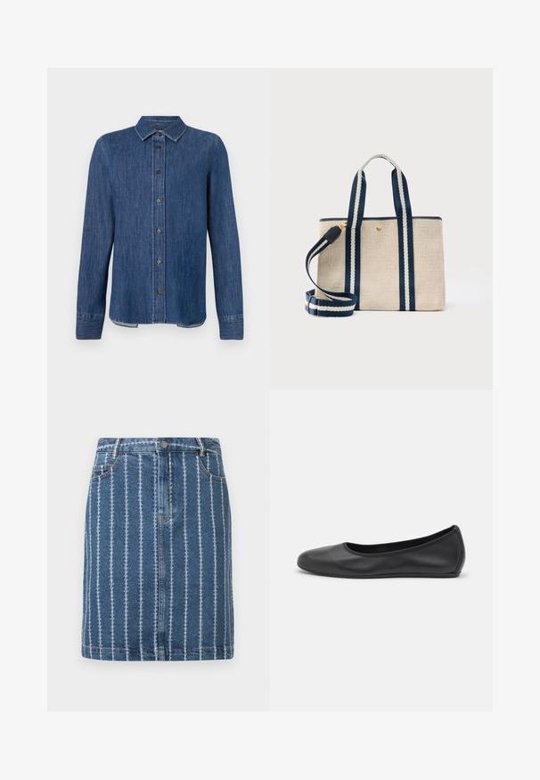 Camisa de denim azul oscuro con mangas largas, frente abotonado, cuello clásico y costuras visibles. Presenta un dobladillo recto con ligera curva en los lados.; Falda de mezclilla con rayas blancas verticales, con pretina, bolsillos frontales y corte recto. Tejido azul con una textura ligeramente desgastada.; Bailarina de piel negra con punta redondeada, textura suave, detalle de costura minimalista y diseño de suela flexible.; Bolsa de tela beige con asas a rayas en azul marino y blanco, y correa de hombro desmontable, con un pequeño cierre de botón dorado.