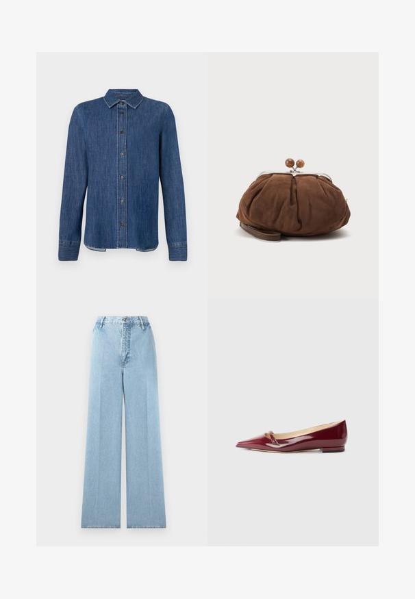 Chemise en denim bleu foncé à manches longues, avec un devant à boutons, un col classique et des coutures visibles. Présente un ourlet droit avec une légère courbe sur les côtés.; Jeans larges bleu clair en denim avec une taille haute, comprenant cinq passants de ceinture, une fermeture à bouton à l'avant et des coutures cousues.; Ballerines en cuir verni bordeaux avec un bout pointu, présentant un petit détail découpé et un petit talon. Texture lisse et design épuré.; Petit sac poignet en daim marron doux avec cadre en métal argenté et boules rondes marron de fermeture sur fond clair uni.
