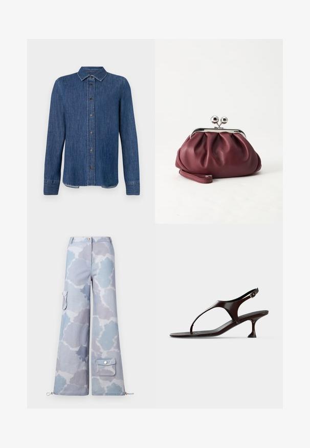 Chemise en denim bleu foncé à manches longues, avec un devant à boutons, un col classique et des coutures visibles. Présente un ourlet droit avec une légère courbe sur les côtés.; Pantalons cargo à jambe large dans un motif nuage bleu clair et gris, avec une poche latérale et un cordon de serrage ajustable à l'ourlet.; Sandale slingback en cuir verni marron foncé avec petit talon et bride entre les orteils sur fond blanc.; Petit sac pochette en cuir bordeaux avec fermoir métallique argenté et bracelet sur fond blanc.