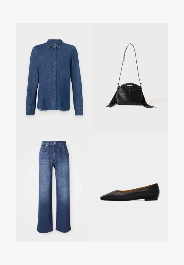 Donkerblauw denim overhemd met lange mouwen, knoopsluiting aan de voorkant, klassieke kraag en zichtbare stiksels. Heeft een rechte zoom met een lichte kromming aan de zijkanten.; Wijd-uitlopende blauwe spijkerbroek met een hoge taille, vijf zakken en een zilveren knoopsluiting. De stof heeft een gladde textuur met subtiele vervaging.; Zwarte leren puntschoen met lage hak en gladde afwerking, zijaanzicht op een lichtgrijze achtergrond.; Zwarte leren handtas met lange schouderriem, klein handvat aan de bovenkant en franjes aan beide zijden, getoond tegen een effen achtergrond.