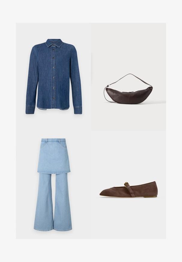 Camisa de denim azul oscuro con mangas largas, frente abotonado, cuello clásico y costuras visibles. Presenta un dobladillo recto con ligera curva en los lados.; Híbrido de falda-pantalón de mezclilla, con tela azul claro, perneras acampanadas y detalles de costura visibles. Diseñado con bolsillos frontales y una cinturilla.; Zapato plano de ante marrón con punta en pico y correa con hebilla dorada a un lado, mostrado de perfil contra fondo blanco.; Bolso de hombro de cuero marrón oscuro en forma de media luna con una correa curva y costuras visibles sobre un fondo liso.
