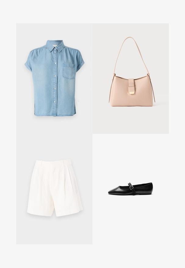 Camisa de mezclilla de manga corta en azul claro, con cierre de botones en la parte delantera, cuello y un bolsillo en el pecho izquierdo. Textura suave y ajuste ligeramente relajado.; Pantalones cortos de lino blancos con un ajuste entallado, que presentan detalles de pliegues, una textura suave y un dobladillo limpio y recto.; Zapato plano negro de cuero con punta afilada, correa ajustable con hebilla de metal, textura suave y diseño minimalista.; Bolso de mano rosa claro con una forma curva, hecho de material texturizado. Cuenta con una correa plana y un detalle de cierre en tono dorado en el frente.