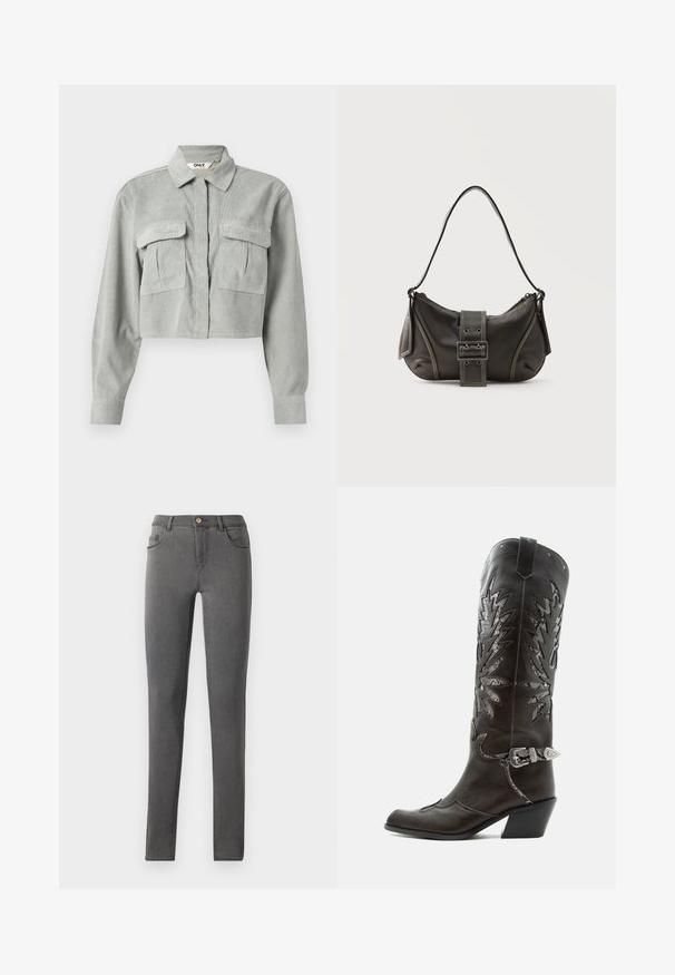 Camisa de pana gris recortada con mangas largas, dos bolsillos en el pecho y cuello puntiagudo. La tela tiene un sutil patrón texturizado.; Jeans skinny de mezclilla gris con un diseño ajustado, estilo de cinco bolsillos y un cierre de botón metálico en la cintura.; Bota cowboy de cuero negro con recortes decorativos, hebilla plateada y tacón inclinado, presentada sobre fondo blanco.; Bolso de hombro de cuero negro con detalle de correa con hebilla, bordes curvos y costuras blancas en contraste sobre un fondo liso.