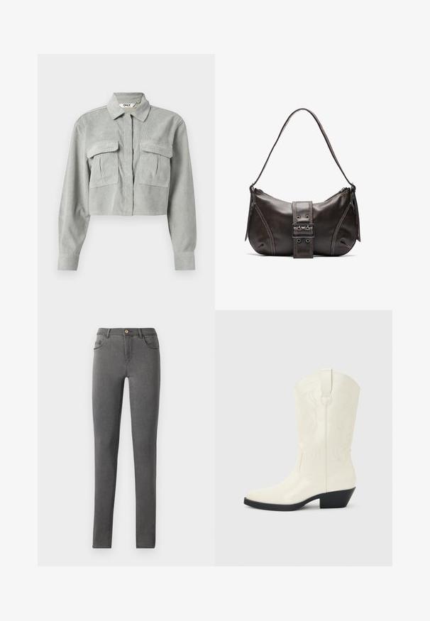 Skåret grå corduroy skjorte med lange ærmer, to brystlommer og en spids krave. Stoffet har et subtilt tekstureret mønster.; Grå denim skinny jeans med en tætsiddende pasform, fem lomme stil og en enkelt metalknaplukning i taljen.; Hvid western-støvle til midt på læggen med spids tå, sort stablet hæl, dekorative sømme og trækflap på skaftet.; Brun læder skuldertaske med en buet form, der har et fremtrædende spænde, kontrasterende syninger og en enkelt skulderrem.